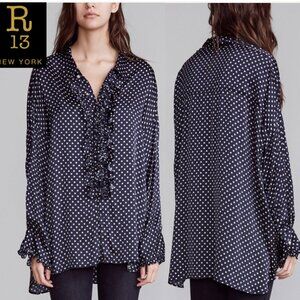 R13 Navy Star Silk Drop Neck Tuxedo Shirt Ruffle Blouse Italian Fabric Small